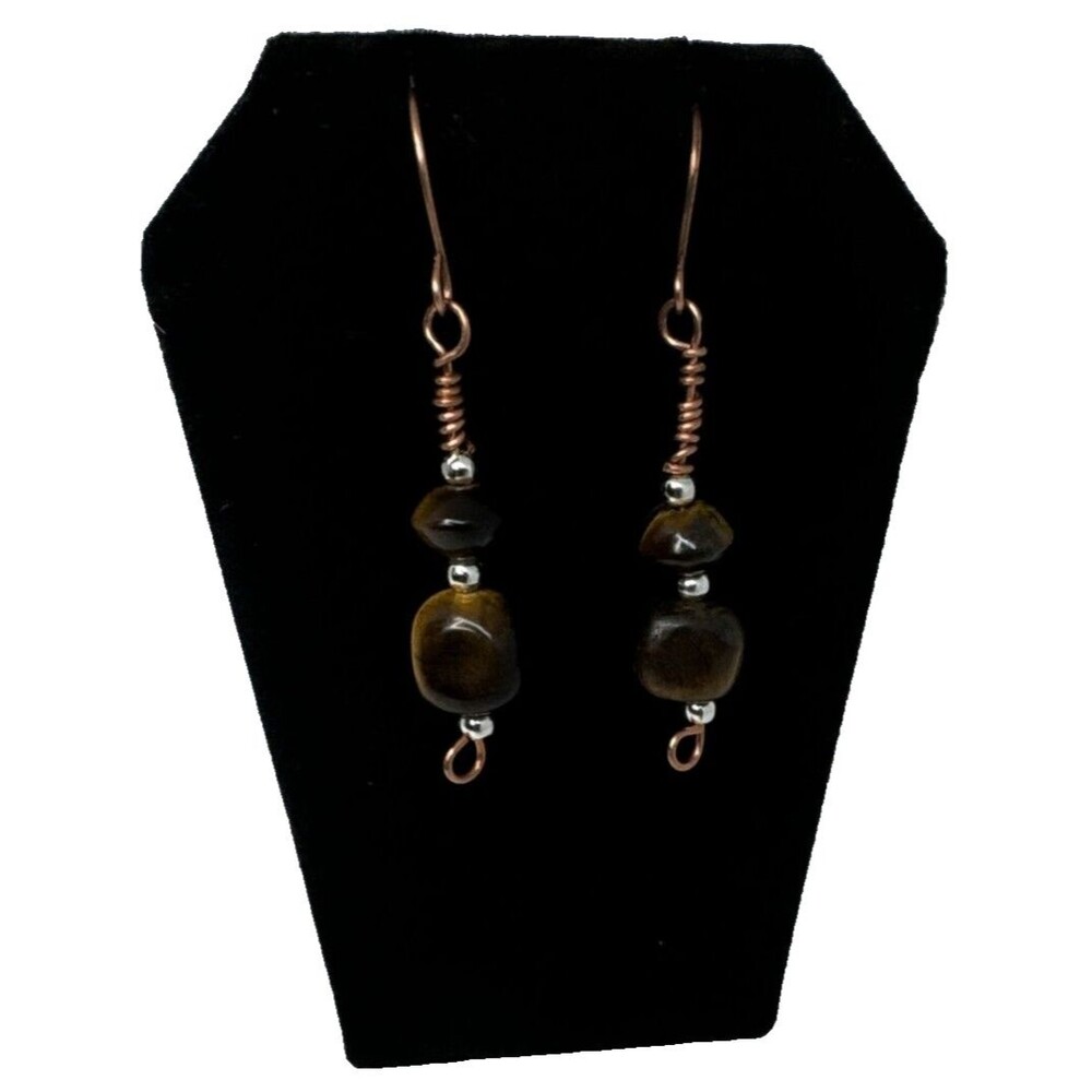 Copper And Tiger's Eye Stone Dangle Earrings Handmade Copper Ear Hooks